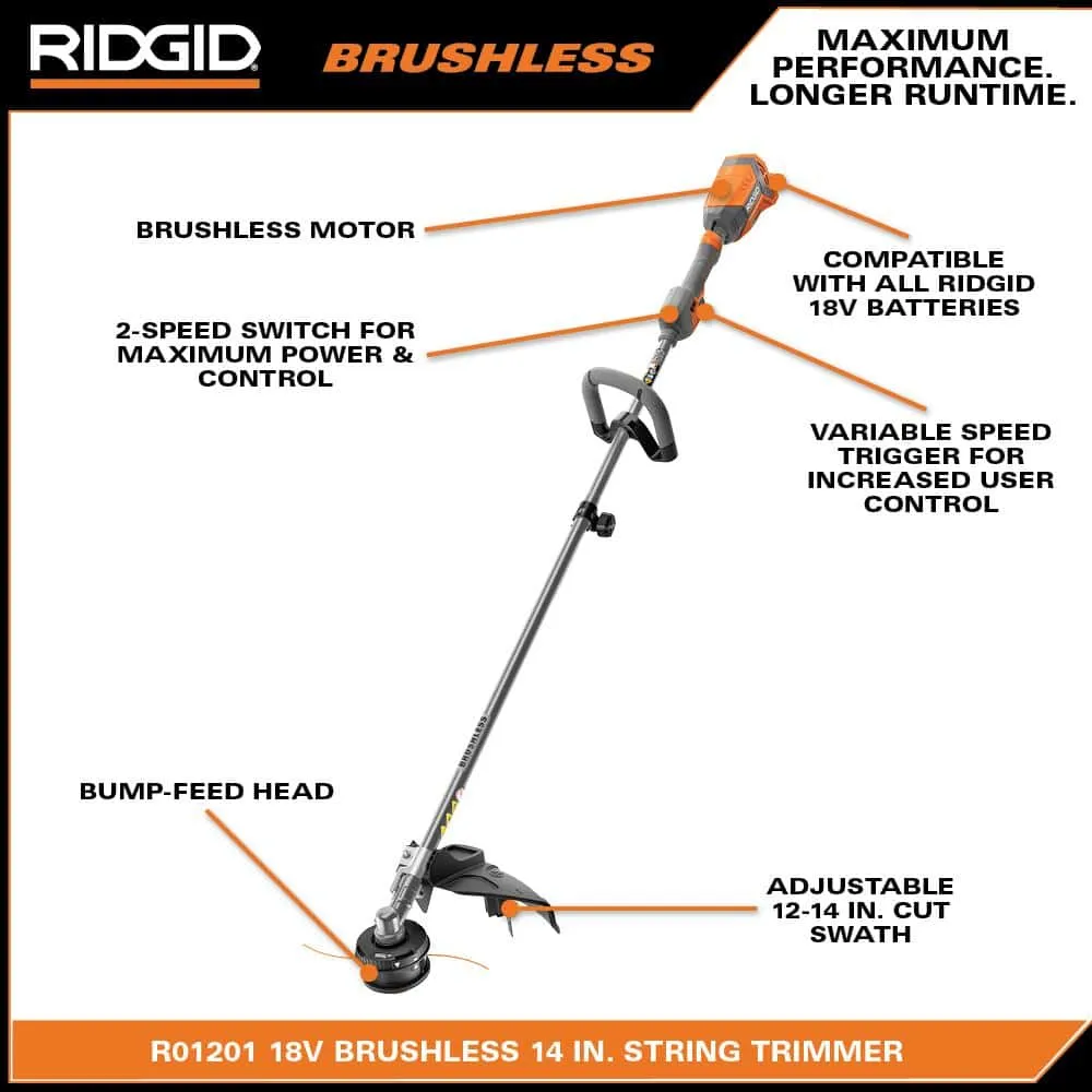 RIDGID 18V Brushless 14 in. Cordless Battery String Trimmer and Leaf Blower 2-Tool Combo Kit with 4.0 Ah Battery and Charger R019001