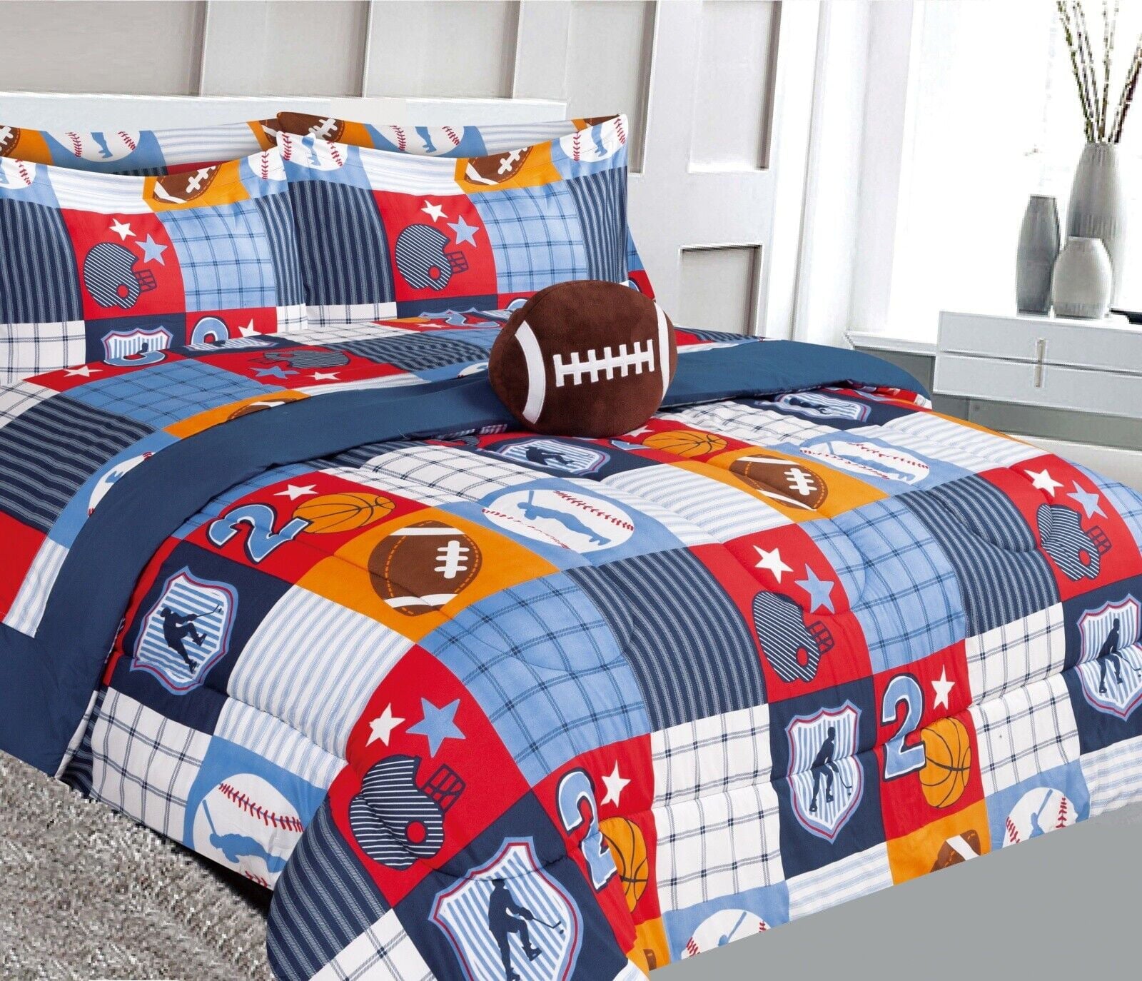Bedding comforter in full size patchwork design matching sheet set for kids bedroom décor for girls boys 8 pieces