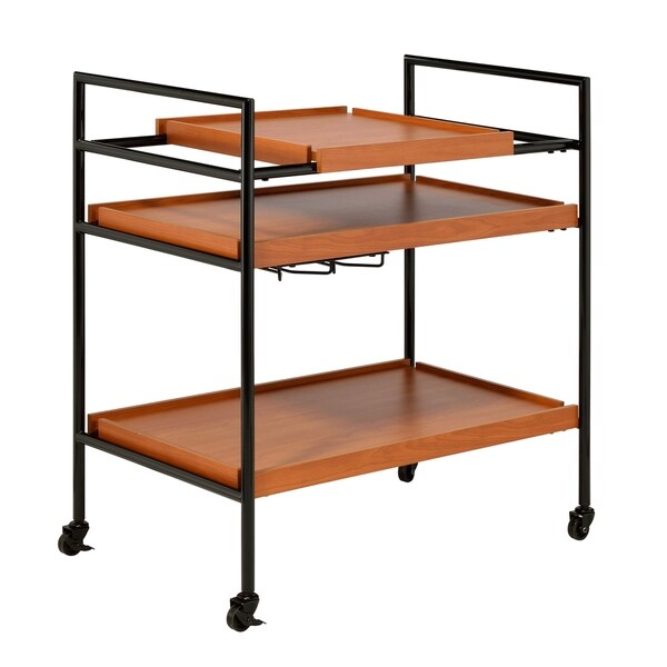 Metal Frame Serving Cart with Adjustable Compartments， Oak Brown and Black - - 30977596