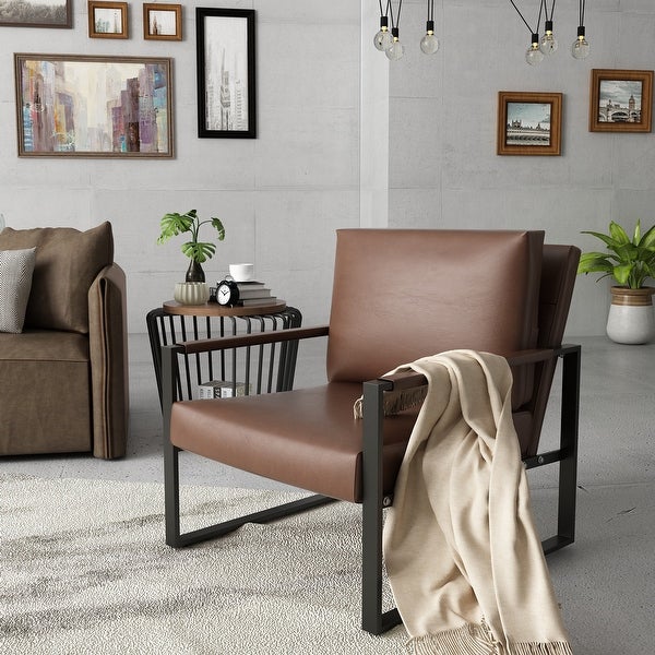 Mieres Mid-Century Style Faux Leather PU Accent Chair， Armchair with Steel Frame