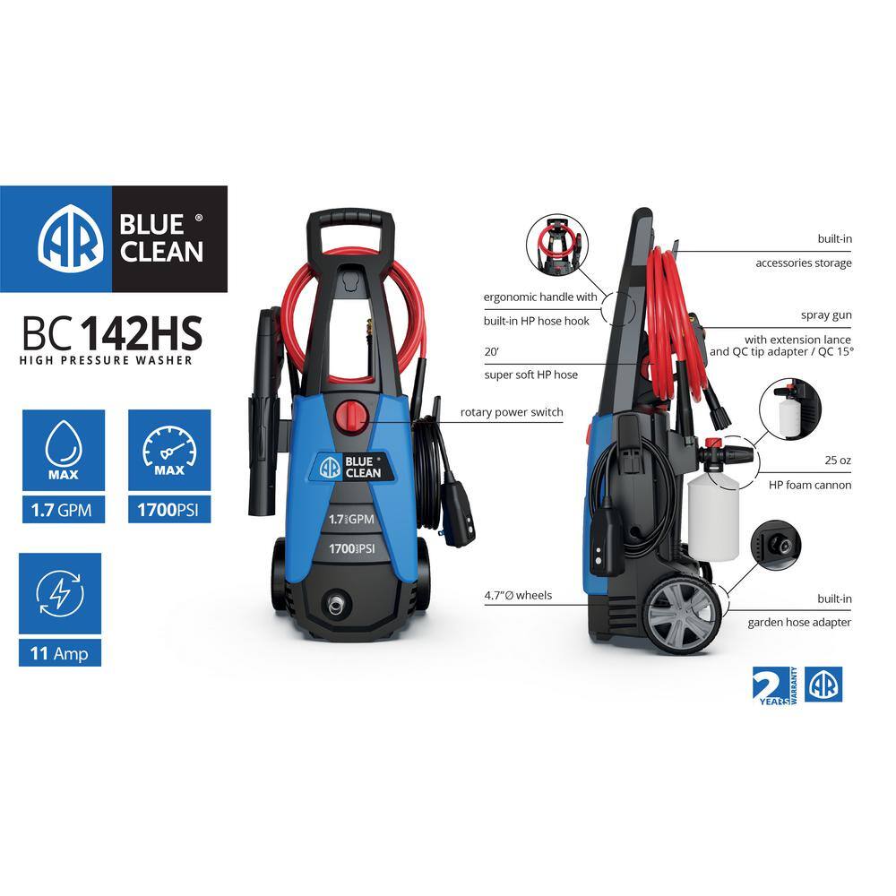 AR Blue Clean BC142HS AR Blue Clean New， Universal Motor， 1700 PSI， Cold Water， Electric Pressure Washer， with Up to 1.7 GPM