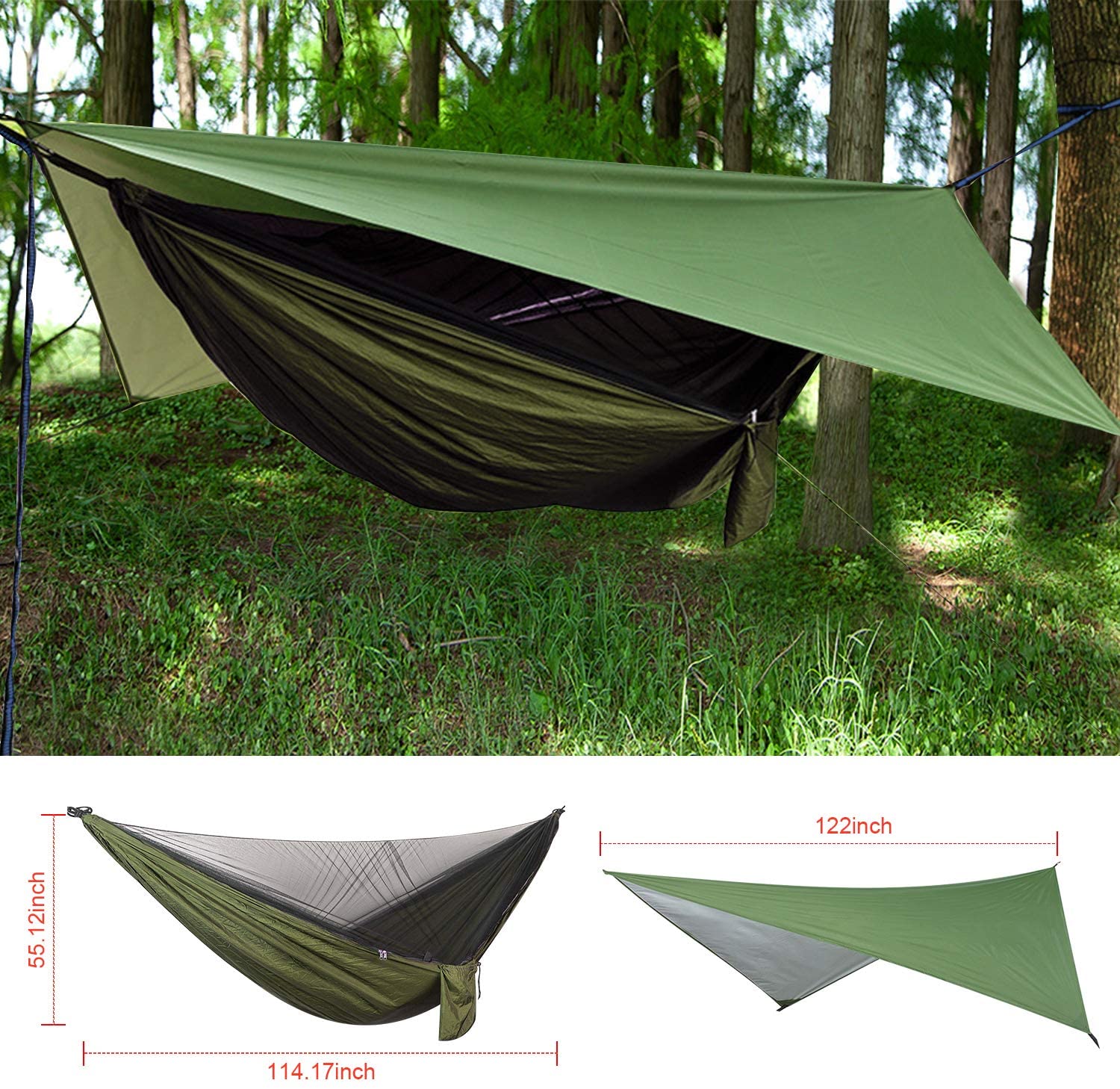 Camping Hammock with PU Rain Fly Tarp and Mosquito Net Tent Tree Straps, Portable Single Double Nylon Parachute Hammock Rainfly Set for Backpacking Hiking Travel Yard Outdoor Activities Army green