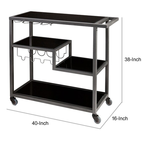 Contemporary Style Metal Bar Cart With Glass Shelves，Gray Black - - 22391816