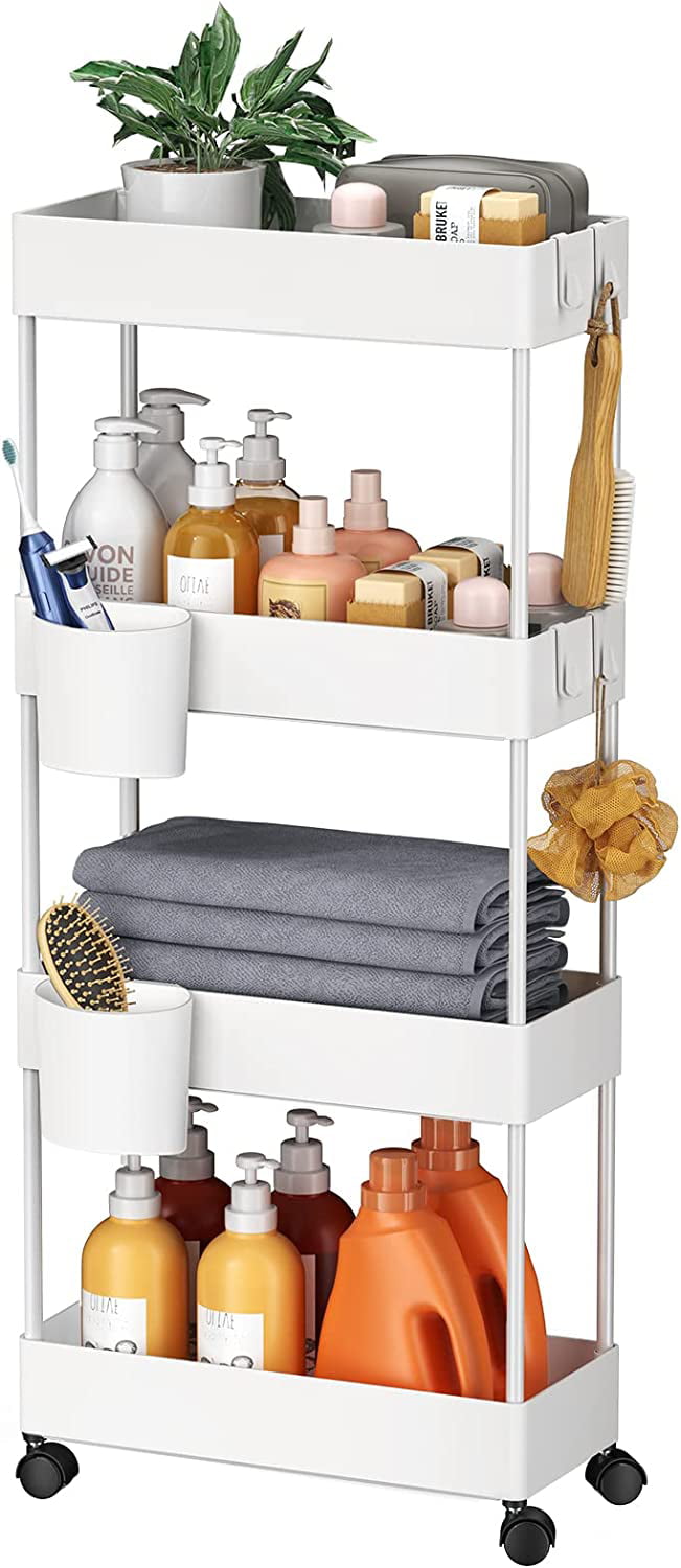 Rolling Cart， GAITON 4 Tiers Laundry Room Organizer and Storage Cart with Wheels， White