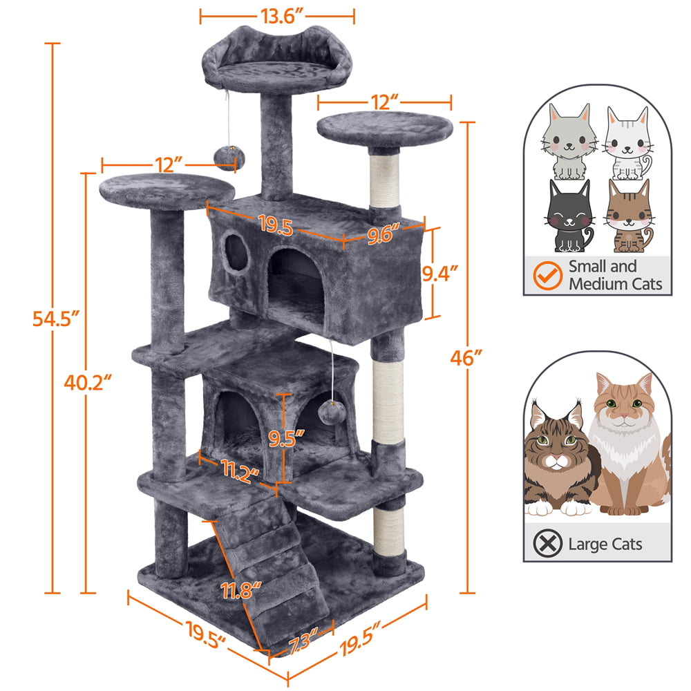 Yaheetech 54''H Cat Tree Condo with Scratching Post Tower， Dark Gray