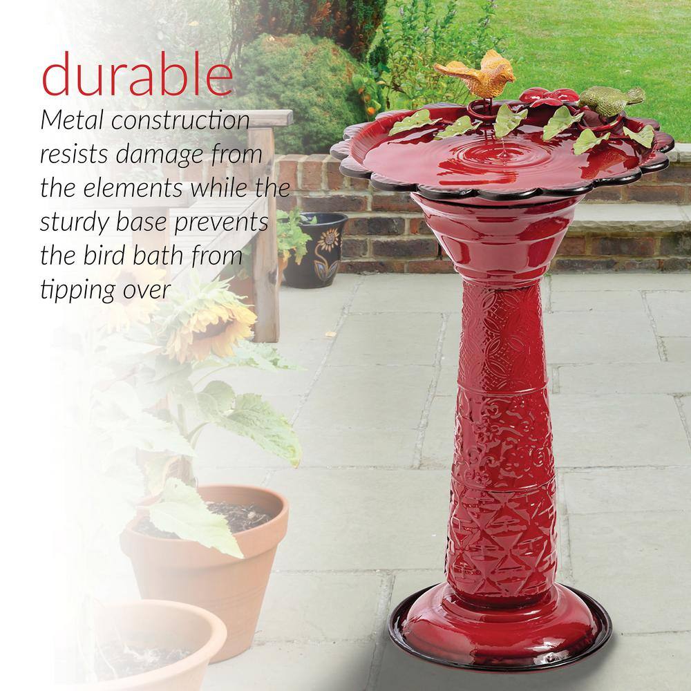 Alpine Corporation 28 in. Tall Outdoor Metal Birdbath with Birds and Leaves Yard Statue Decoration， Red ORS112RD