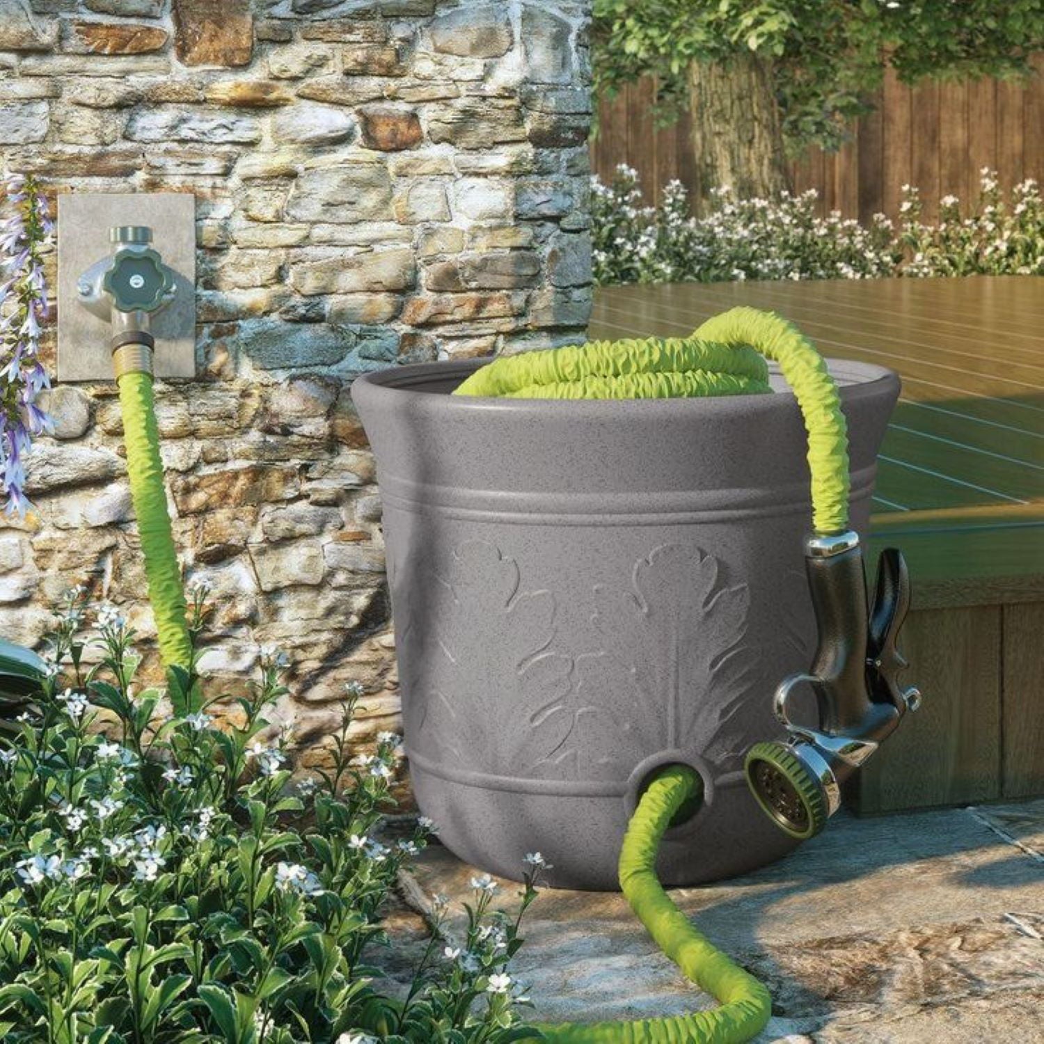 Suncast 300 Foot Heavy Duty 5 Gallon Decorative Garden Hose Pot， Gray Speckle