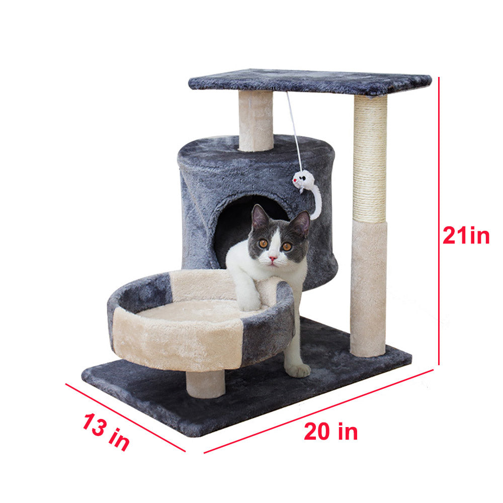 PVUEL Cat Tower Tree，2 Tier Pet Play House with Condo and Scratching Post Tower， Gray and Beige，M