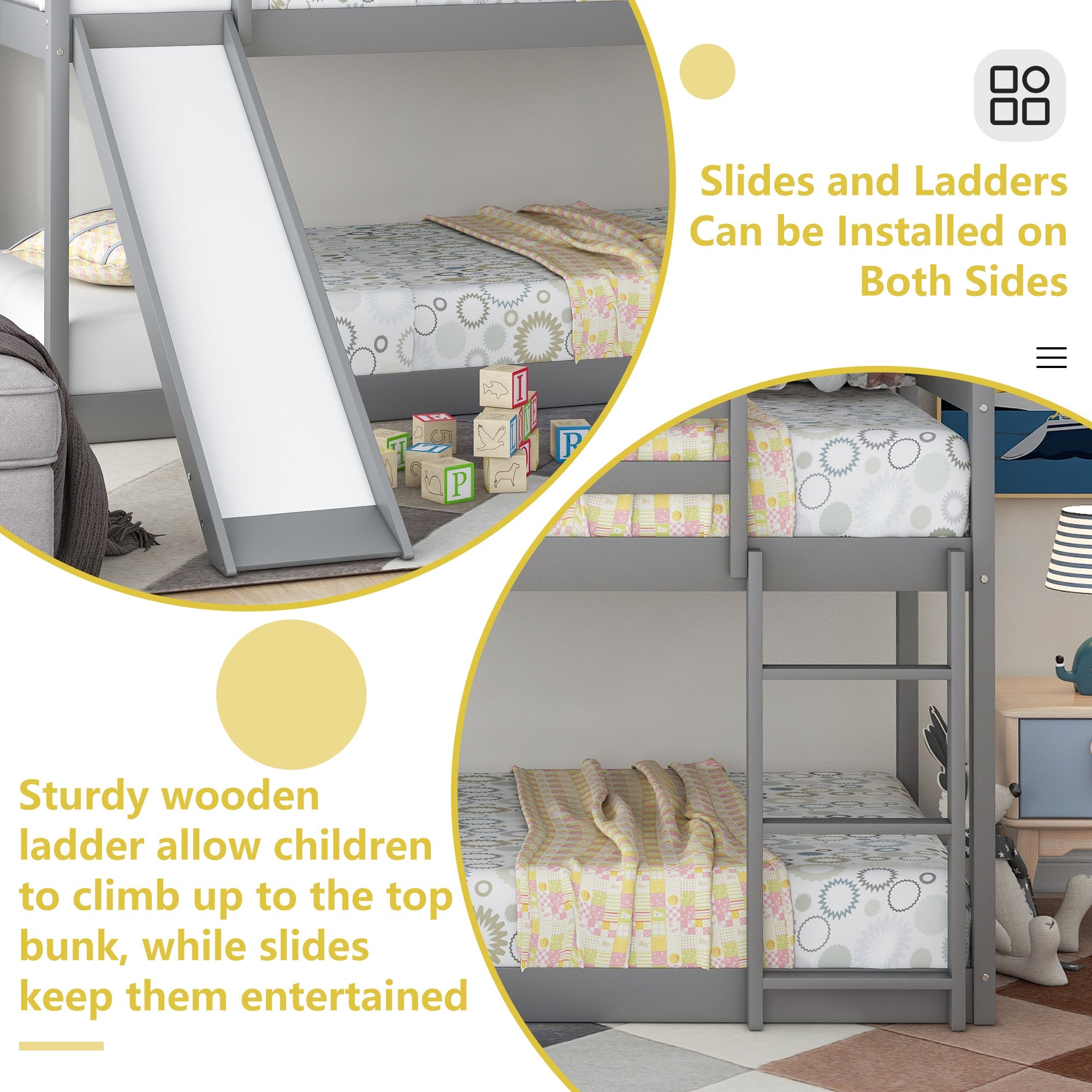 Floor Bunk Bed with Convertible Slide and Ladder, SESSLIFE Wood Bunk Beds with Guardrail for Boys Girls Toddlers, Gray Twin Over Twin Bunk Bed, Kids Floor Bunk Bed for Home Children’s Room, TE838