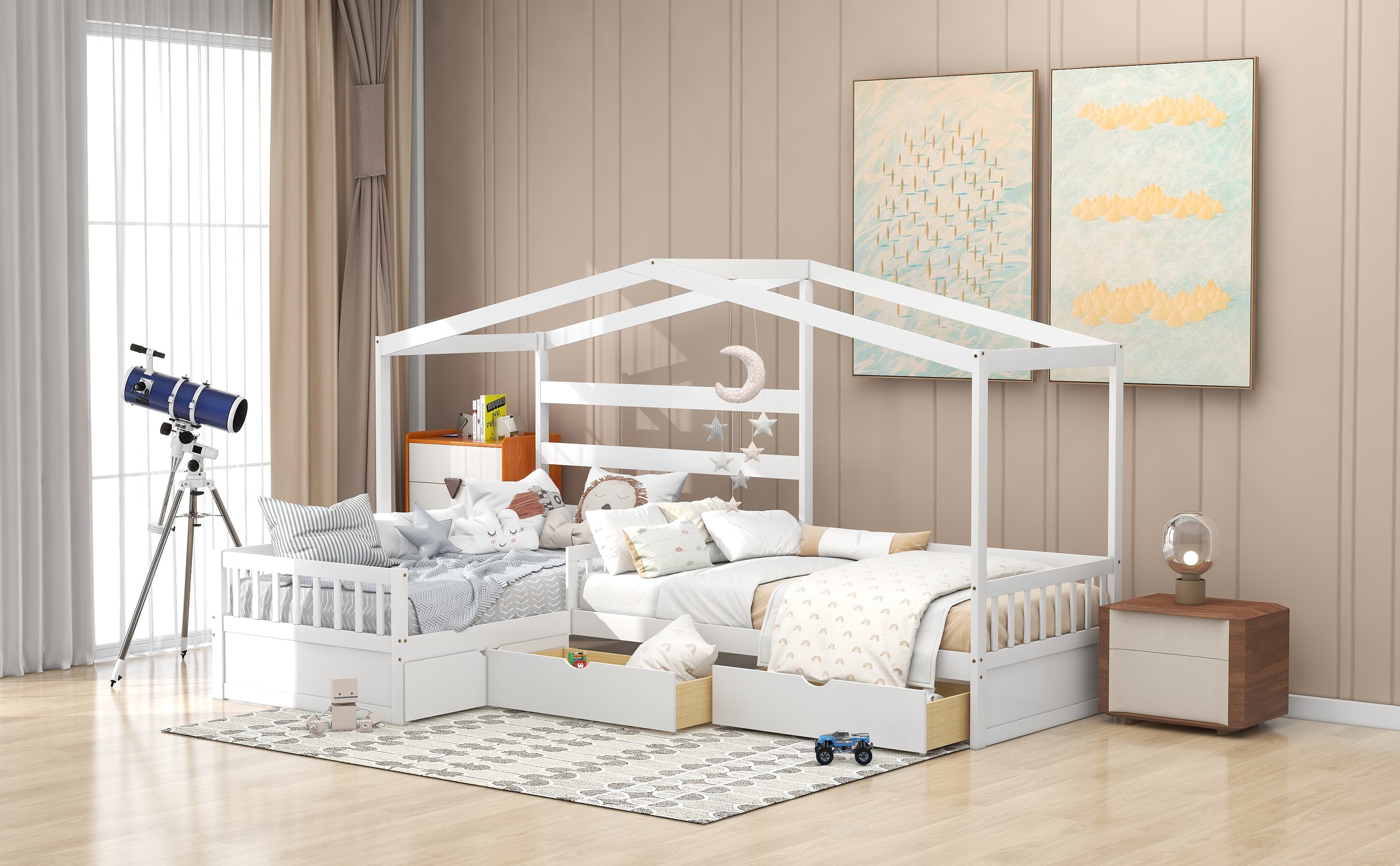 Wood Twin Double House Bed with Three Drawers for Kids, White