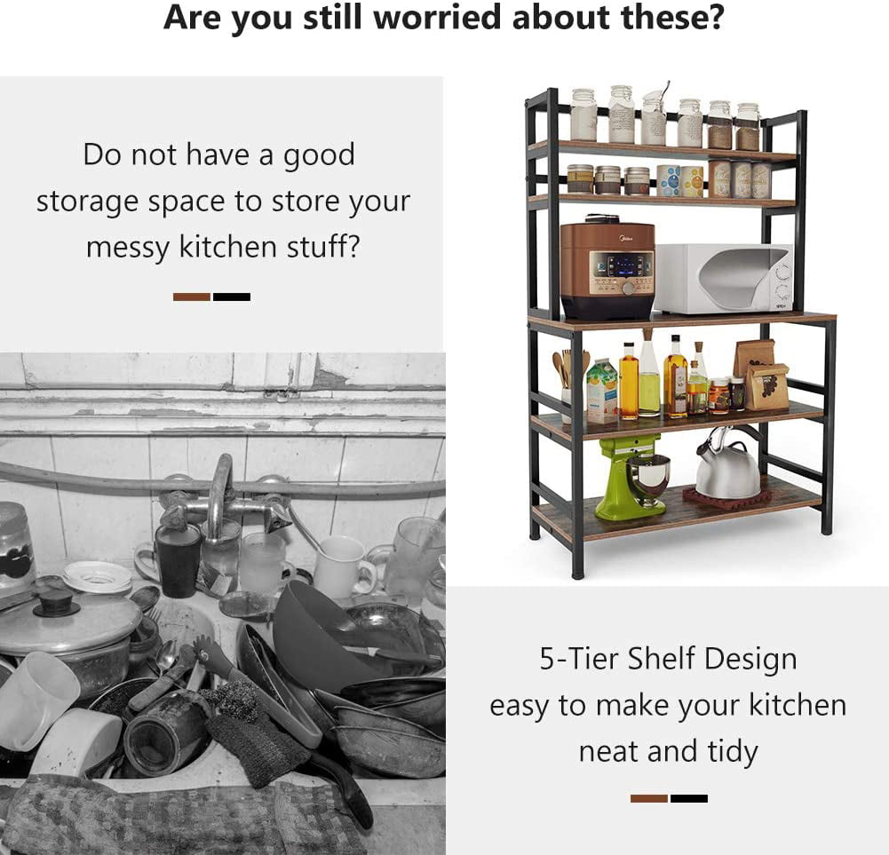 Tribesigns 5-Tier Kitchen Bakers Rack with Hutch， Industrial Microwave Oven Stand， Free Standing Kitchen Utility Cart Storage Shelf Organizer (Rustic Brown)