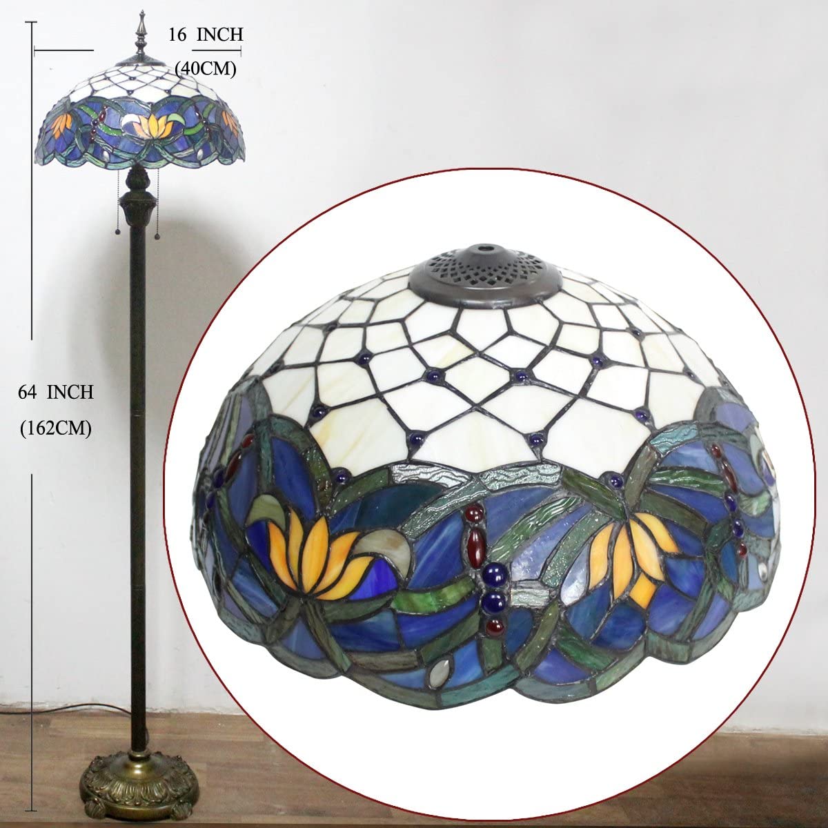 BBNBDMZ  Floor Lamp Blue Lotus Stained Glass Flower Standing Reading Light 16X16X64 Inches Antique Pole Corner Lamp Decor Bedroom Living Room  Office S220 Series