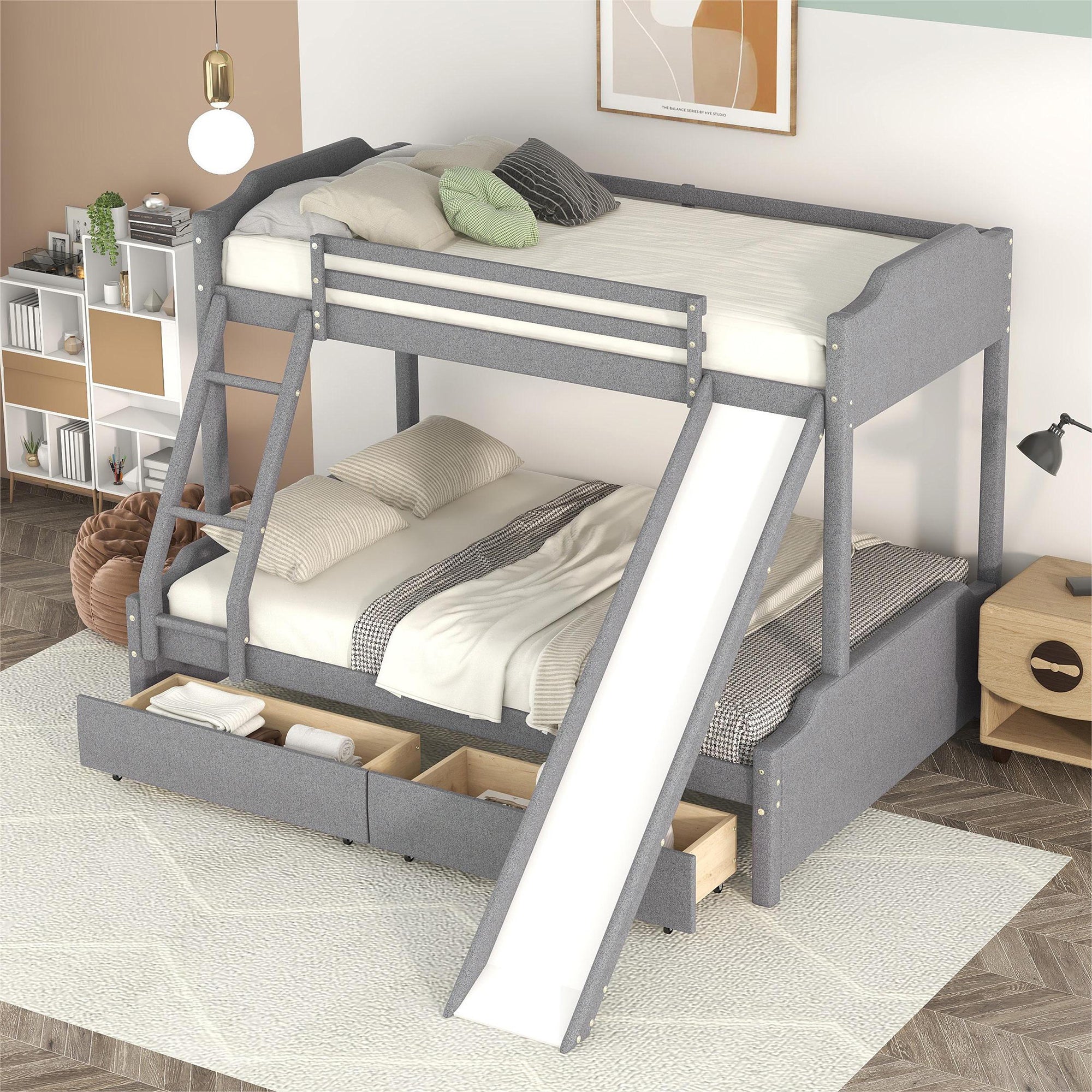 EUROCO Upholstery Twin over Full Bunk Bed with Slide and Drawers for Kids Room, Gray