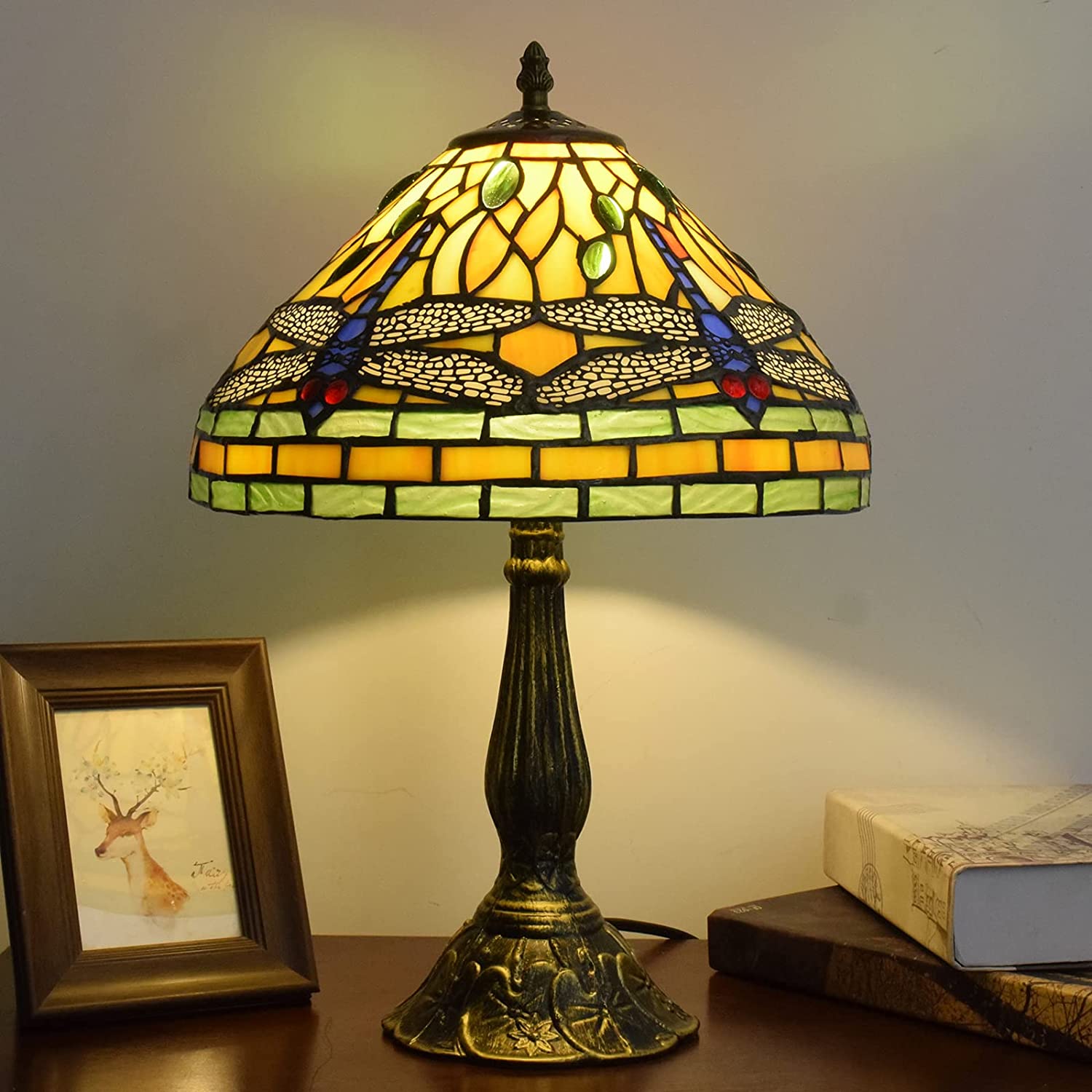 SHADY  Lamp Stained Glass Lamp Dragonfly Yellow Bedroom Table Lamp Reading Desk Light for Bedside Living Room Office Dormitory Dining Room Decorate  12x12x18 Include Light Bulb