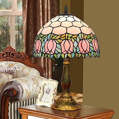 SHADY  Lamp Stained Glass Lamp Pink Tulip Bedroom Table lamp Reading Desk Light for Bedside Living Room Office Dormitory Dining Room Decorate Housewarming  12X12X18 Include Light B