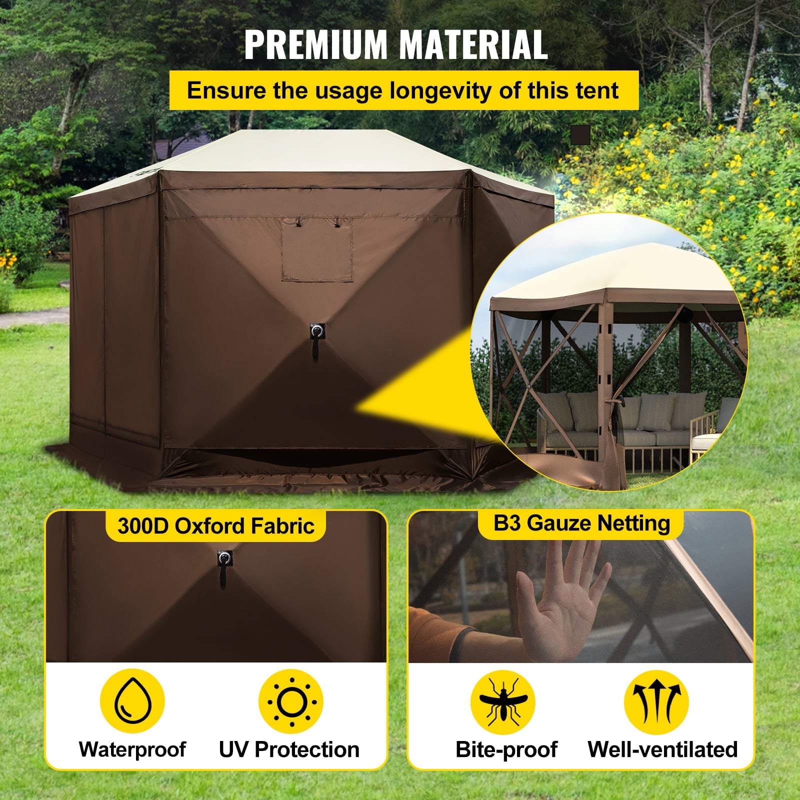 VEVORbrand Camping Gazebo Tent, 12'x12', 6 Sided Pop-up Canopy Screen Tent for 8 Person Camping, Waterproof Screen Shelter w/Portable Storage Bag, Ground Stakes, Mesh Windows, Brown & Beige