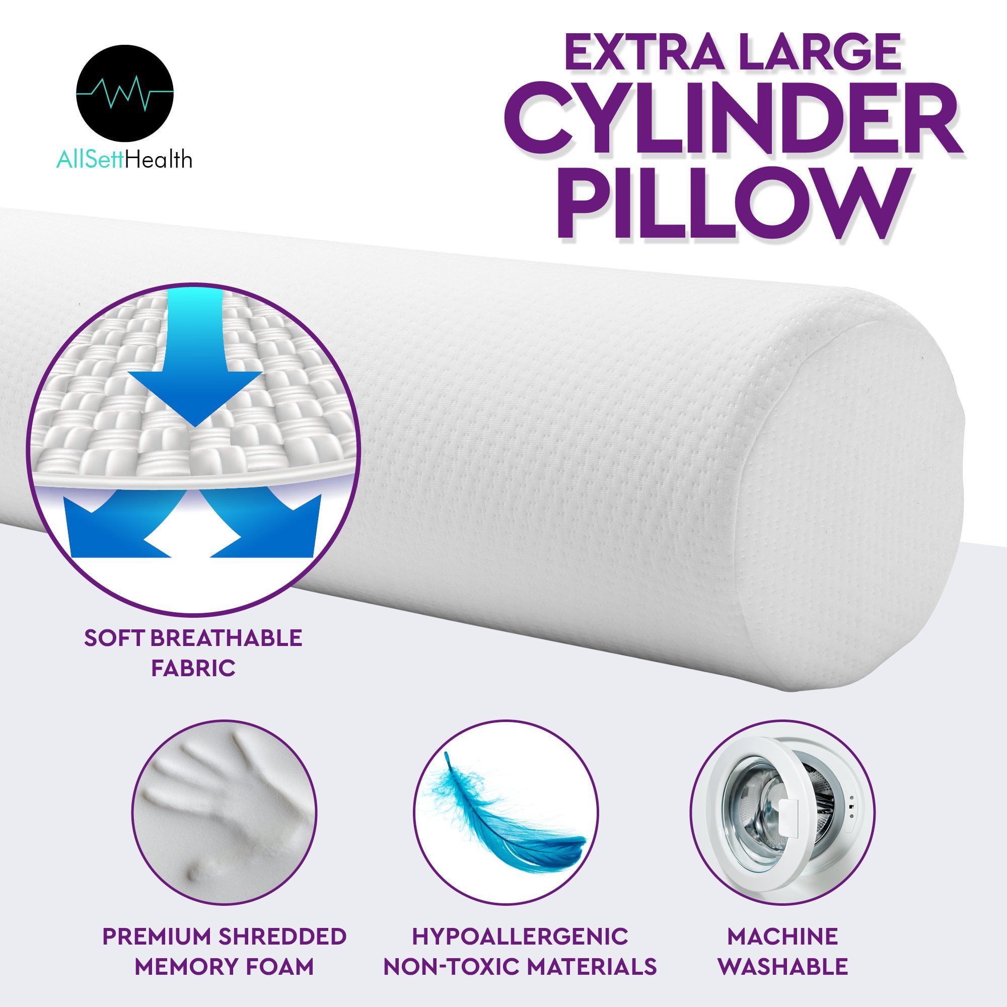 XXL Round Cervical Roll Cylinder Bolster Body Pillow with Removable Washable Cover, Premium Grade Memory Foam | Ergonomically Designed Back, Neck and Spine relief during Sleep, 47” In long x 7.5” wide