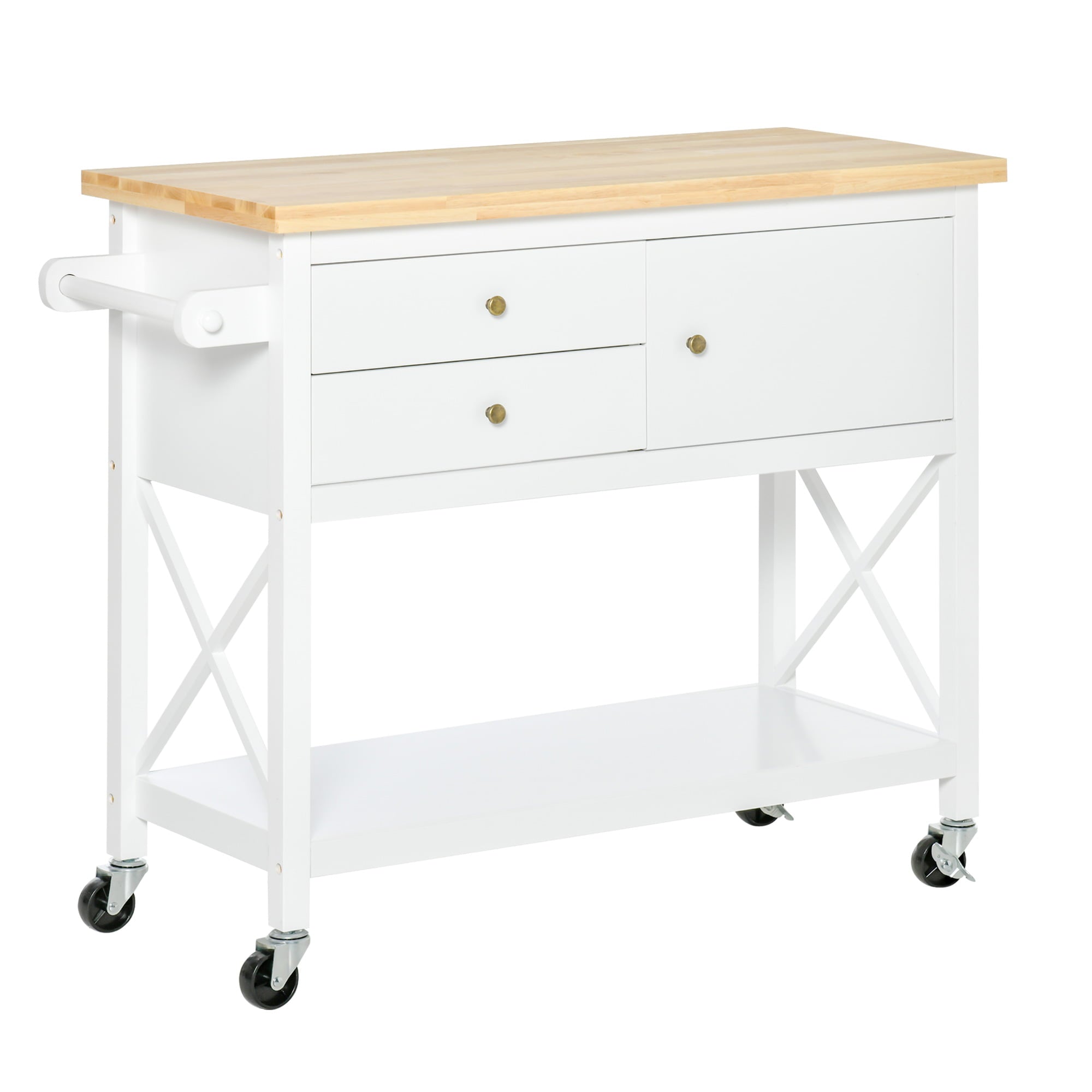 HomCom Utility Kitchen Cart Rolling Kitchen Island Storage Trolley with Rubberwood Top， 2 Drawers， Towel Rack， White