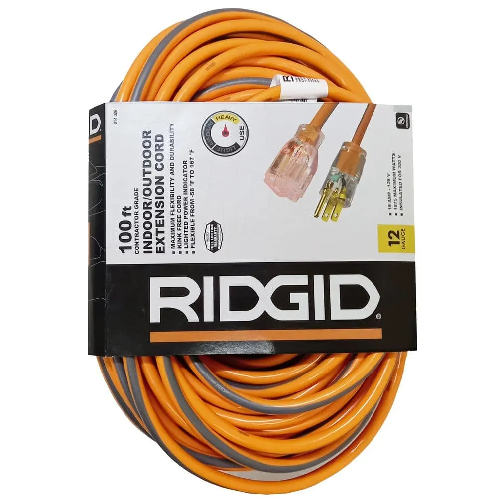 RIDGID 100 ft. 12/3 Heavy-Duty Contractor-Grade Indoor/Outdoor Extension Cord HD#214-026