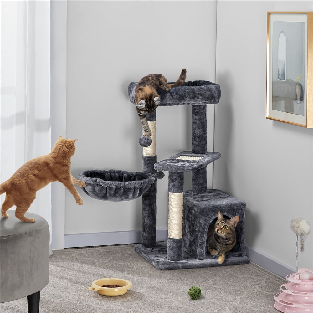 Topeakmart 33'' Cat Tree Condo Scratching Post Tower with Basket Sisal Ropes Posts， Dark Gray