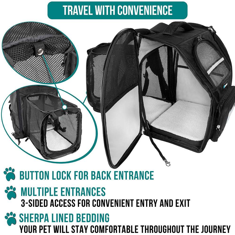 PetAmi Dog Cat Backpack Carrier， Expandable Pet Carrier Backpack for Travel Hiking， Small Medium Dog Puppy Large Cat Carrying Backpack， Airline Approved Ventilated Soft Back Support， 18 lbs， Black