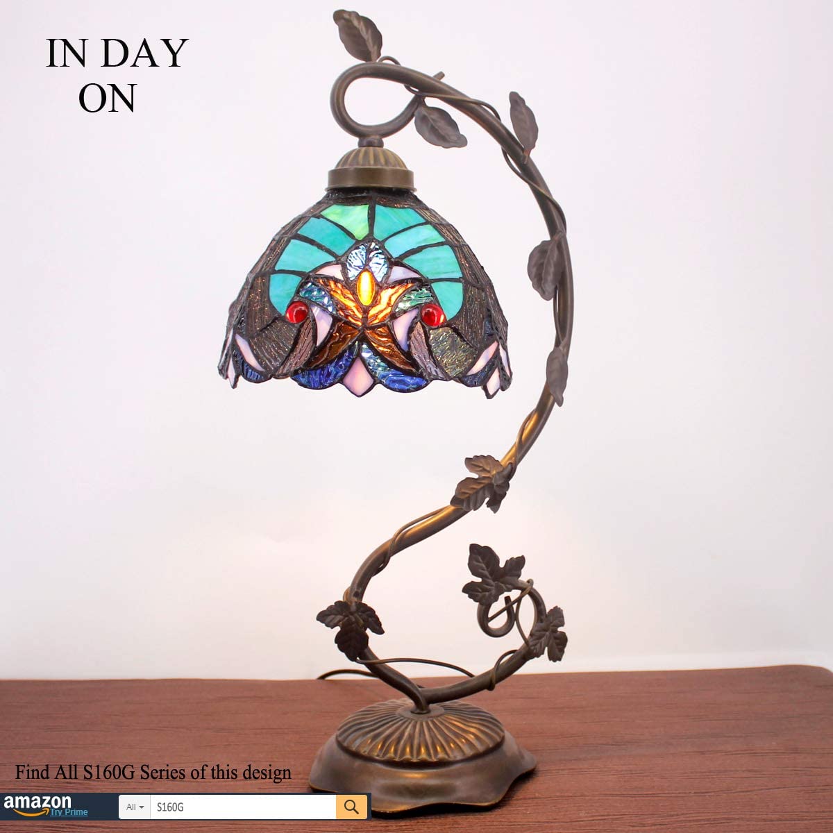 SHADY Stained Glass Lamp  Style Bedside Table Lamp Reading Desk Light  Metal Leaf Base 8X10X21 Inches Decor Small Space Bedroom Home Office S160G Series