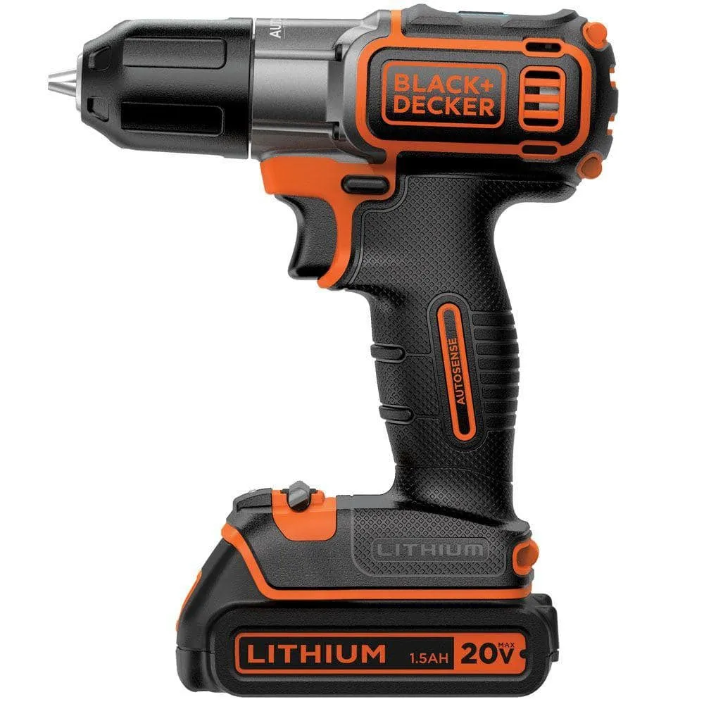 BLACK+DECKER 20V MAX Lithium-Ion Cordless Drill/Driver with Autosense Technology, (1) 1.5Ah Battery, and Charger BDCDE120C
