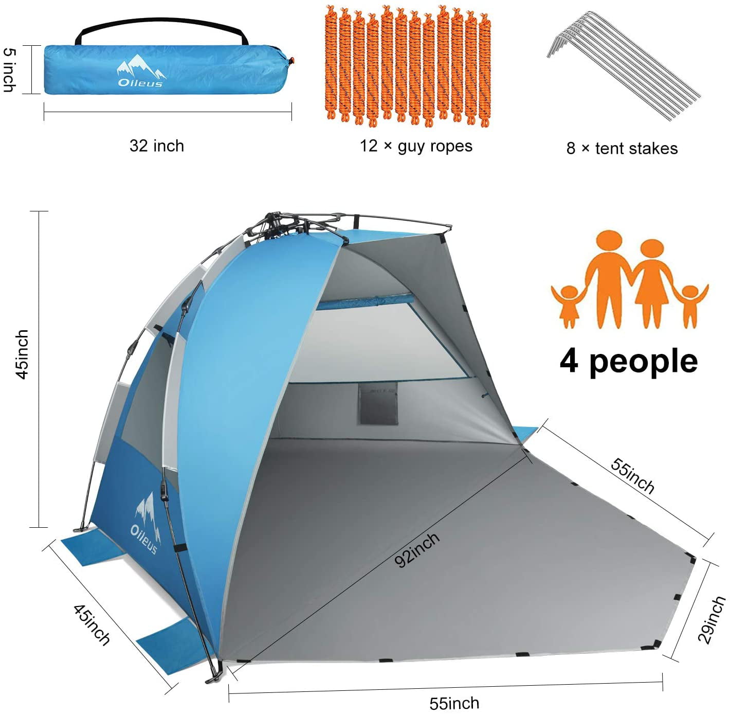 Oileus X-Large 4 Person Beach Tent Sun Shelter - Portable Sun Shade Instant Tent for Beach with Carrying Bag， Stakes， 6 Sand Pockets， Anti UV for Fishing Hiking Camping， Waterproof Windproof， Blue