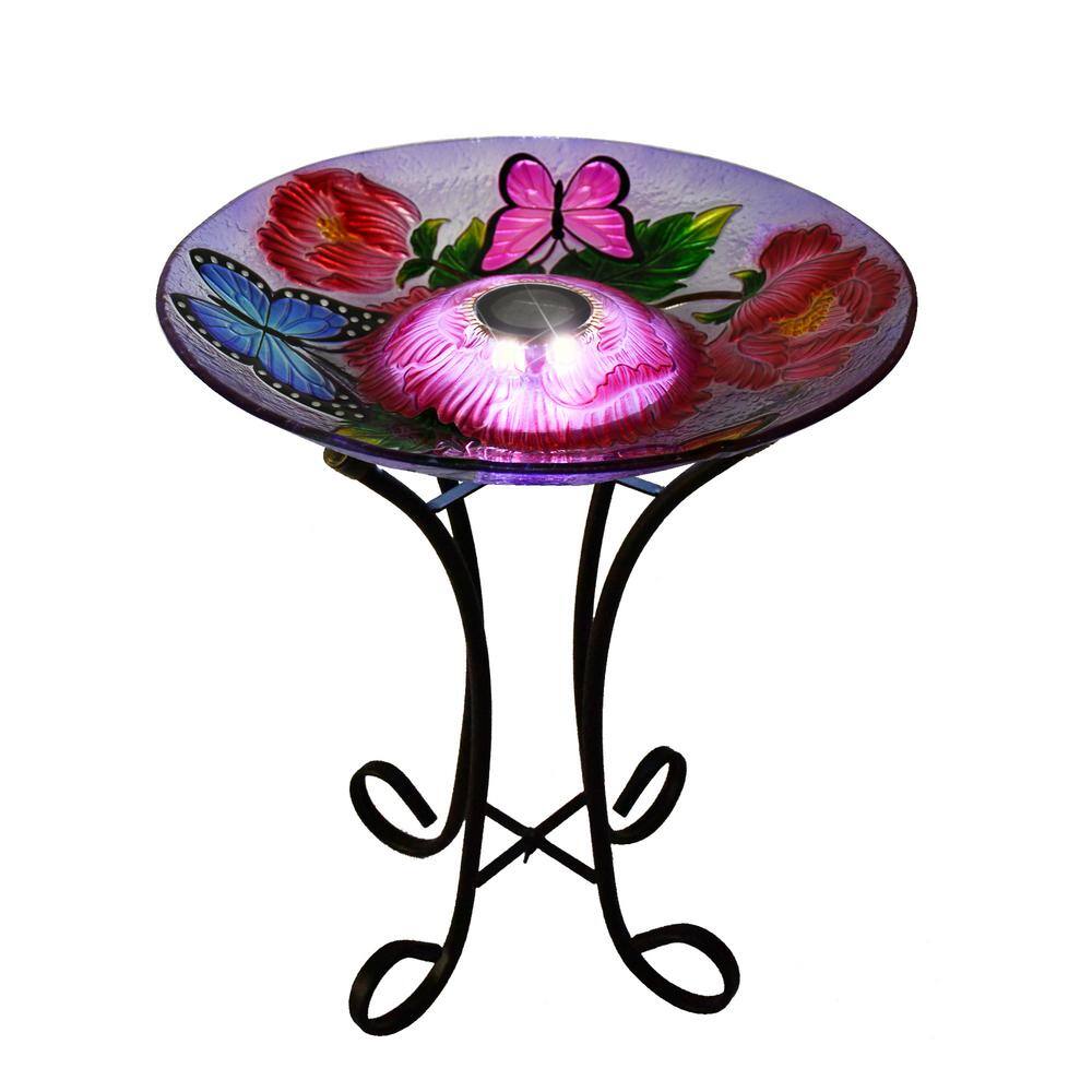 HI-LINE GIFT LTD. 18 in. Solar Butterflies and Peonies LED Floral Glass Bird Bath with Stand 78415-L