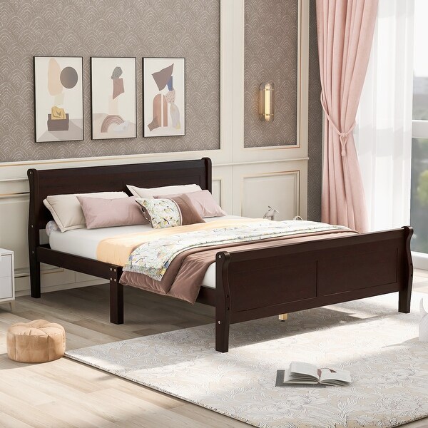 Full Wood Platform Sleigh Bed Frame with Headboard for Guest Living Room