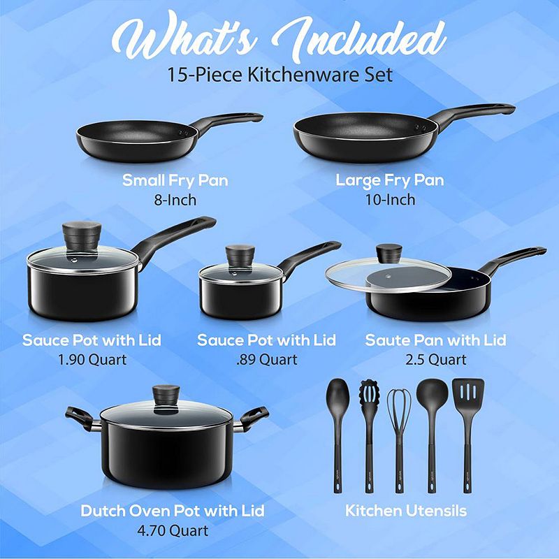 SereneLife 15 Piece Pots and Pans Non Stick Chef Kitchenware Cookware Set， Black