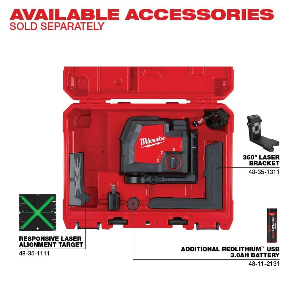 Milwaukee 100 ft. REDLITHIUM Lithium-Ion USB Green Rechargeable Cross Line Laser Level with Charger 3521-21