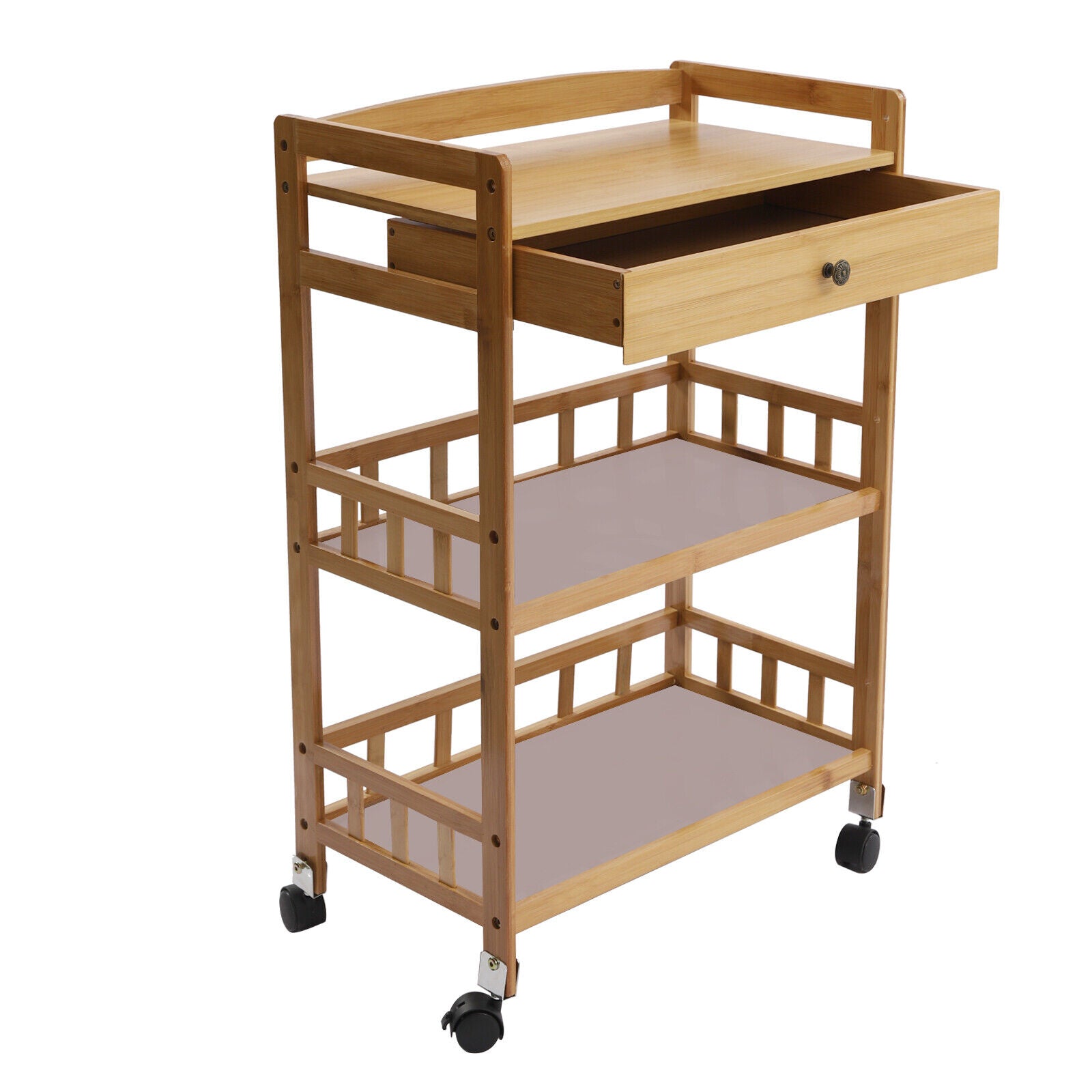 TFCFL Rolling Kitchen Cart 3 Tiers Bamboo Island Trolley Cart with Wheels and 1 Drawer
