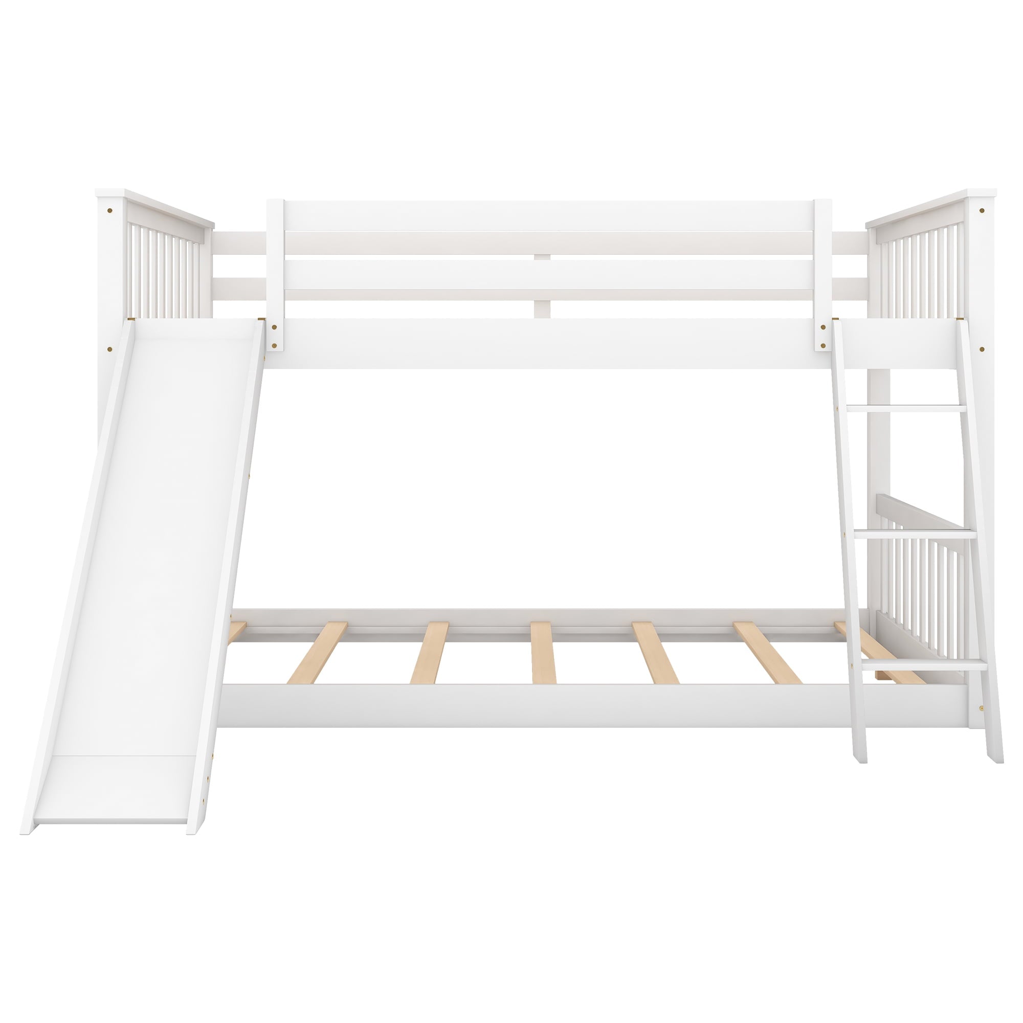 Euroco Full over Full Floor Bunk Bed with Slide and Ladder for Kids Bedroom, White