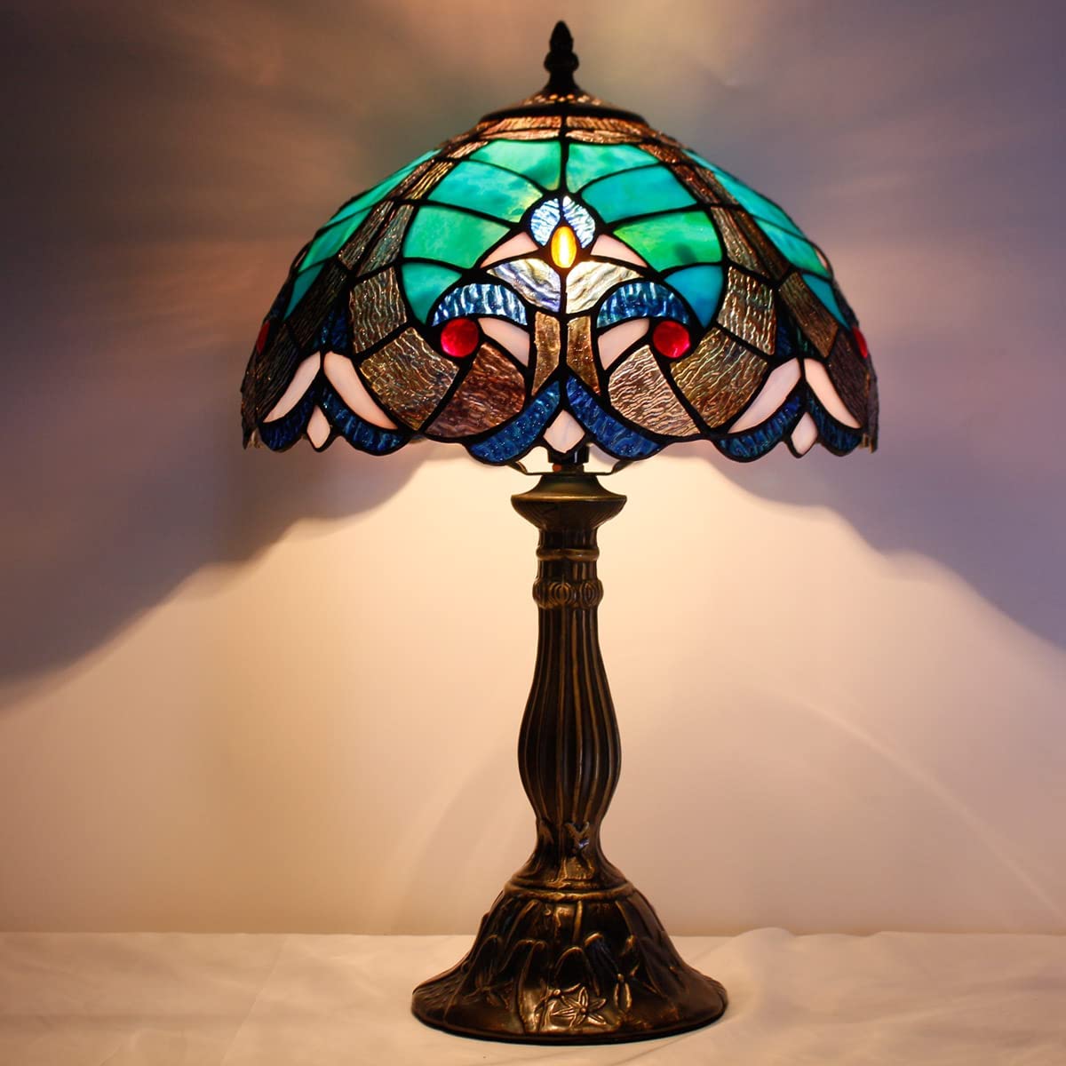 SHADY  Style Lamp Green Liaison Stained Glass Bedside Table Lamp Reading Desk Light 12X12X18 Inches Decor Nightstand Bedroom Living Room Home Office S160G Series