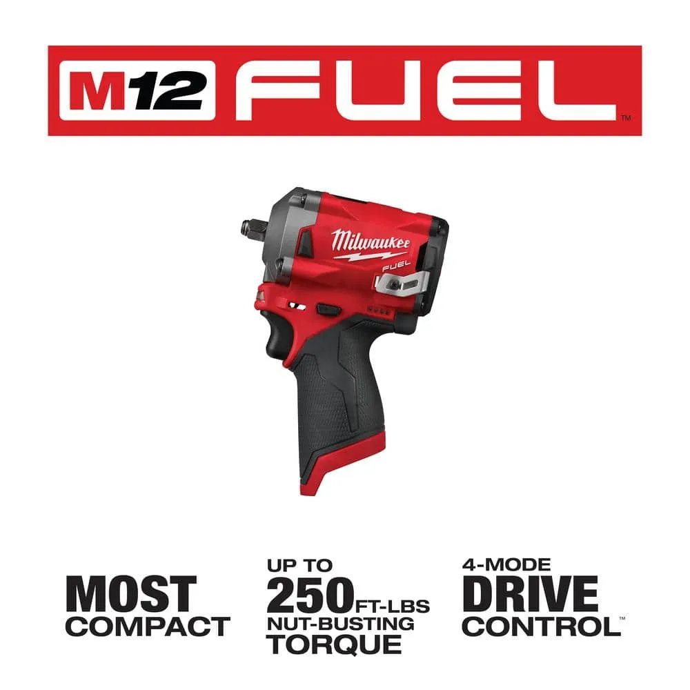 Milwaukee M12 FUEL 12V Li-Ion Brushless Cordless Stubby 3/8 in. Impact Wrench w/Right Angle Impact Wrench & High Speed Ratchet 2554-20-2564-20-2567-20