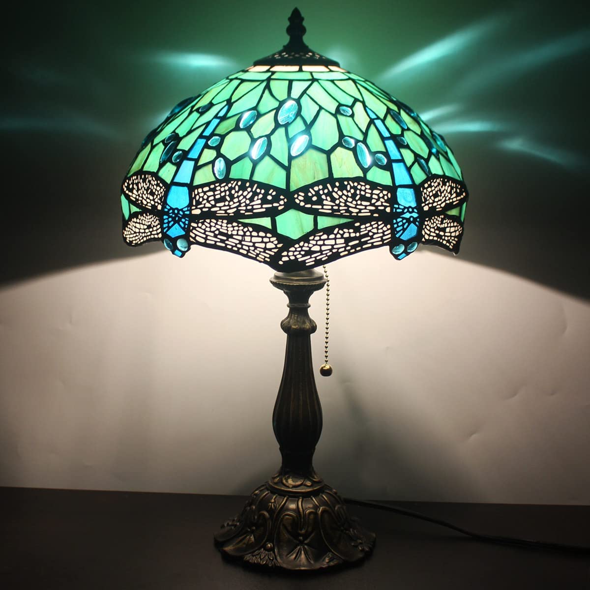 SHADY  Lamp W12H19 Inch Green Stained Glass Dragonfly Style Table Reading Lamp Nightstand Bedside Desk Light Decor Living Room Bedroom Home Office Work Study Pull Chain Switch