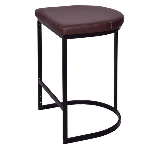 26 Inch Counter Height Stool with Vegan Faux Leather Upholstery， Black Iron Frame， Dark Brown - 26 H x 19 W x 19 L Inches