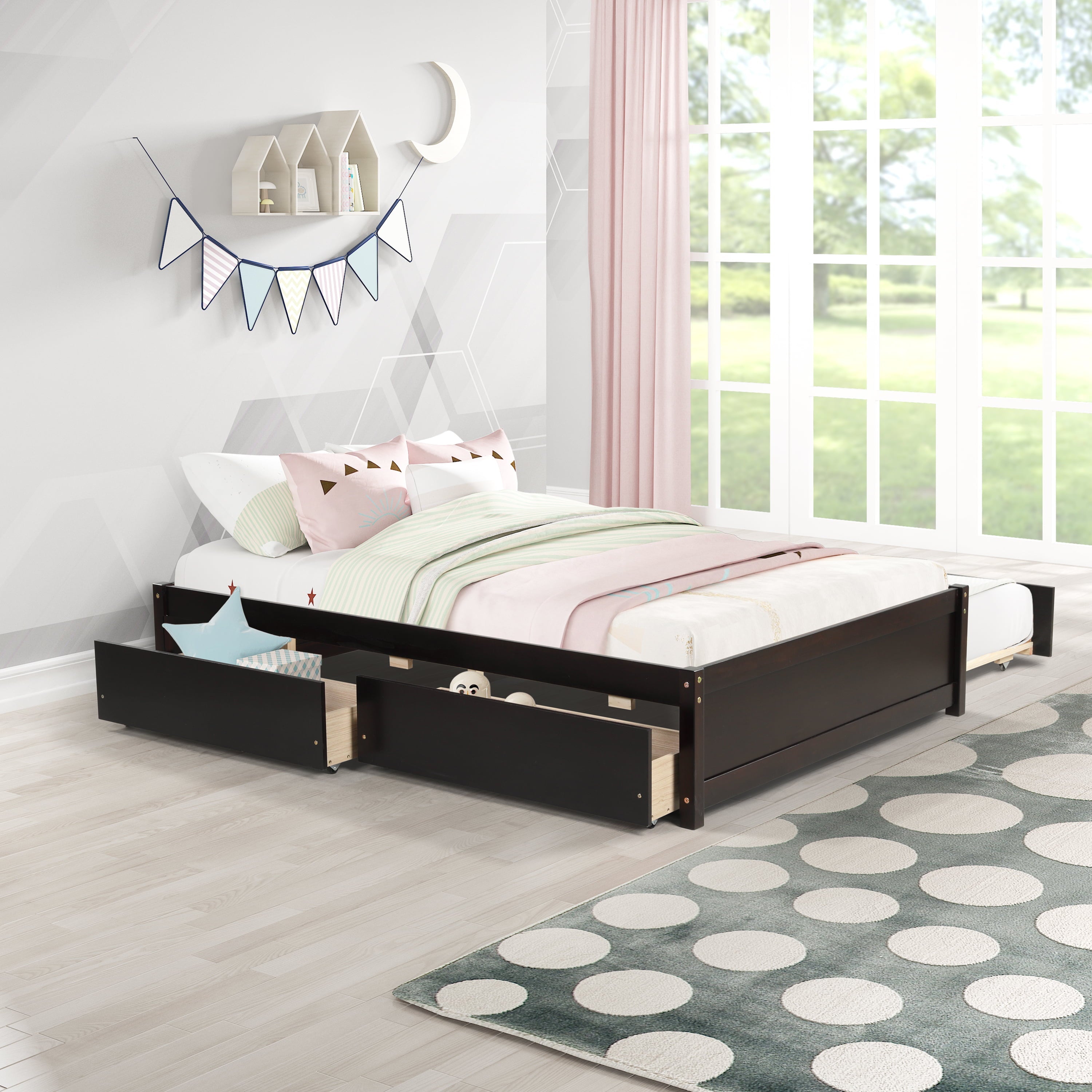 Ouyessir Full Size Platform Bed, Solid Wood Full Size Bed Frame with Twin Size Trundle Bed and 2 Storage Drawers,Storage Bed for Kids Teens Bedroom,No Spring Box Needed (Espresso)