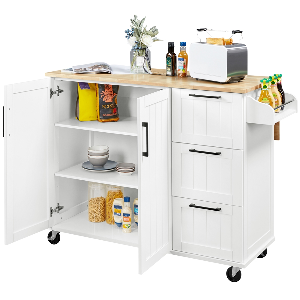 Topeakmart Wood Top Rolling Kitchen Cart Island with Storage Cabinet and 3 Drawers and Spice Rack， White