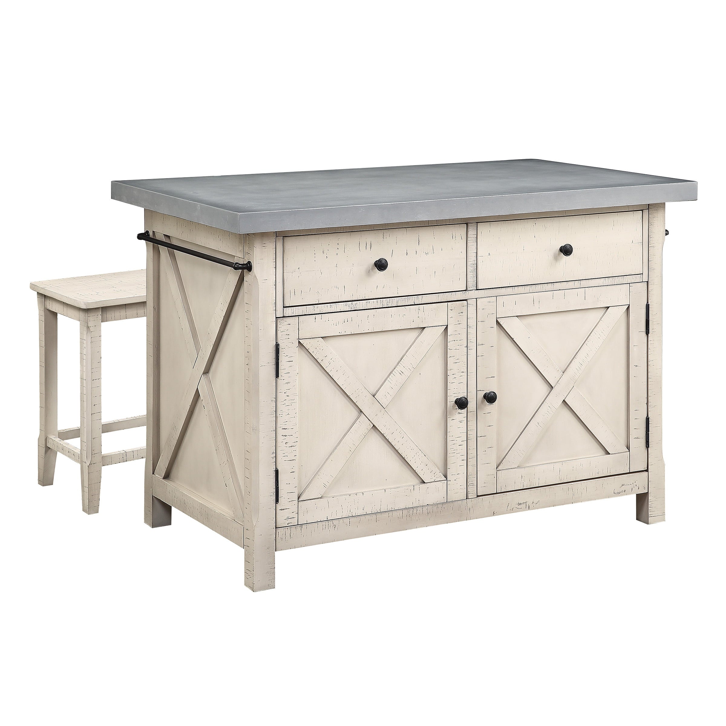 OSP Furniture Nashville Kitchen Island with Cement like Grey Top and 2 Stools