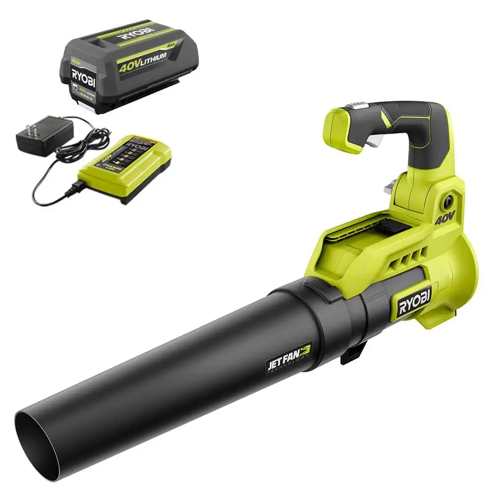 RYOBI 40V 110 MPH 525 CFM Cordless Battery Variable-Speed Jet Fan Leaf Blower with 4.0 Ah Battery and Charger RY40480