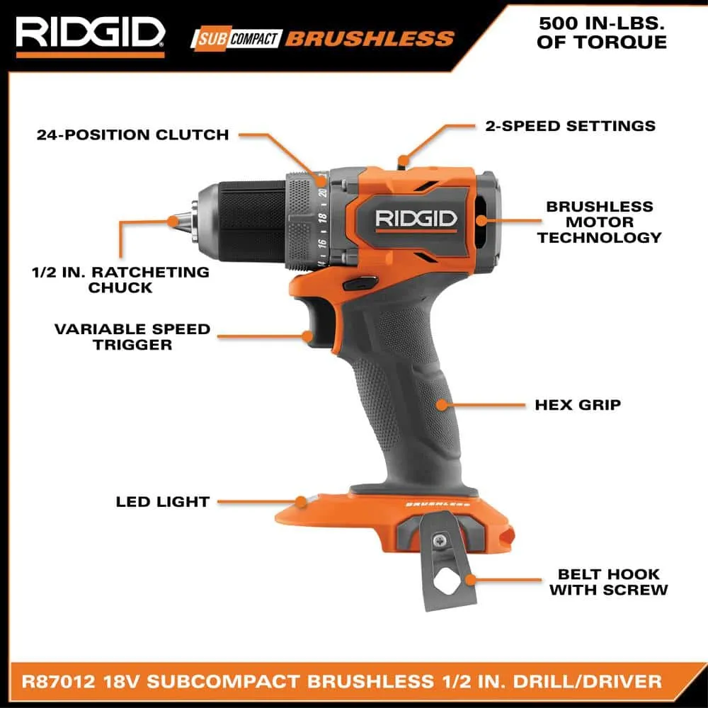RIDGID 18V SubCompact Brushless Cordless 1/2 in. Drill/Driver Kit with (2) 2.0 Ah Batteries, Charger, and Tool Bag R87012K