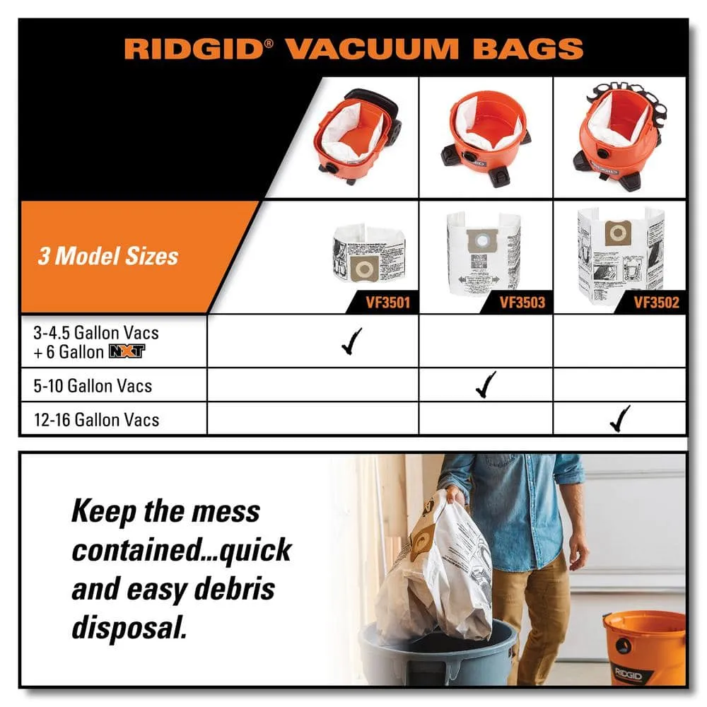 RIDGID High-Efficiency Size A Dust Collection Bags for 12 to 16 Gallon RIDGID Wet/Dry Shop Vacuums (2-Pack) VF3502
