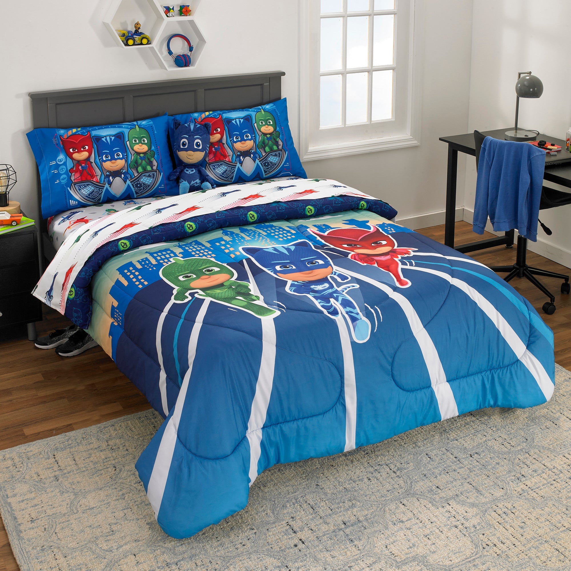 PJ Masks Kids Full Bed in a Bag, Comforter and Sheets, Blue, Hasbro