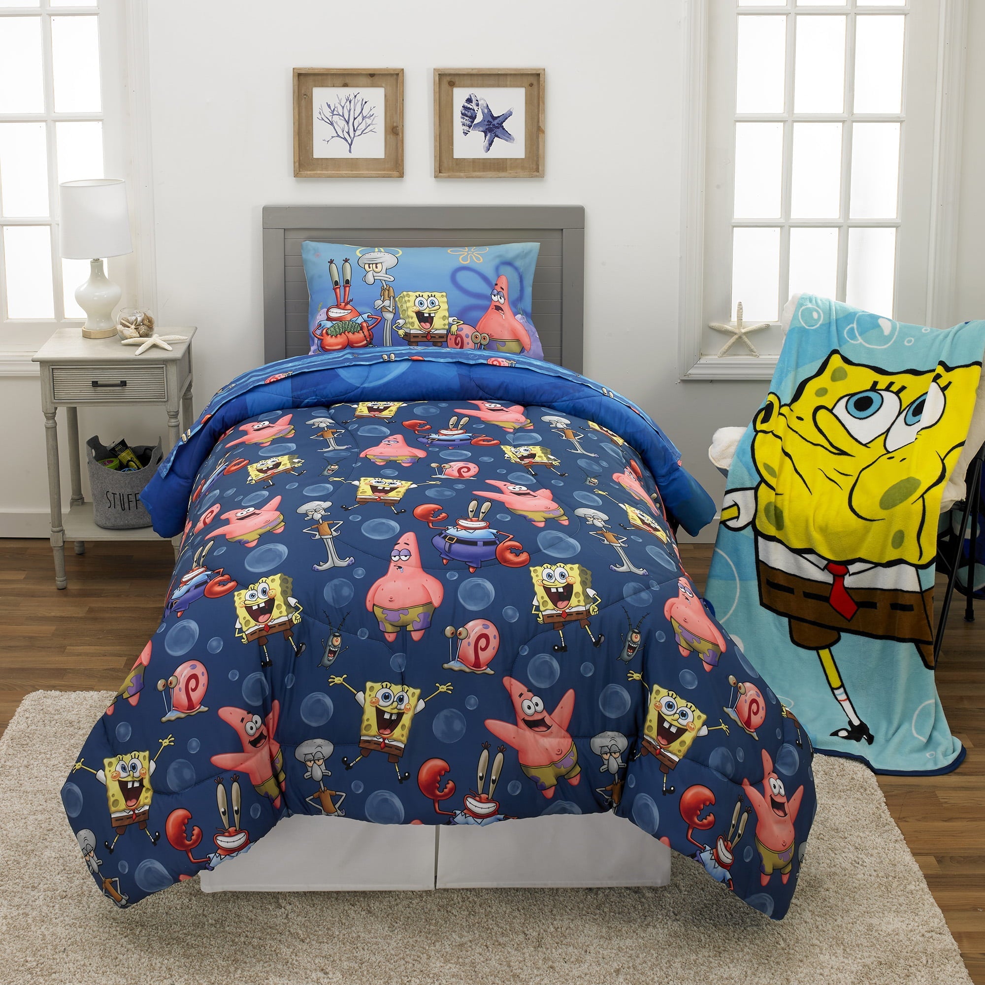 SpongeBob SquarePants Kids Twin Bed in a Bag, Comforter and Sheets, Blue, Nickelodeon
