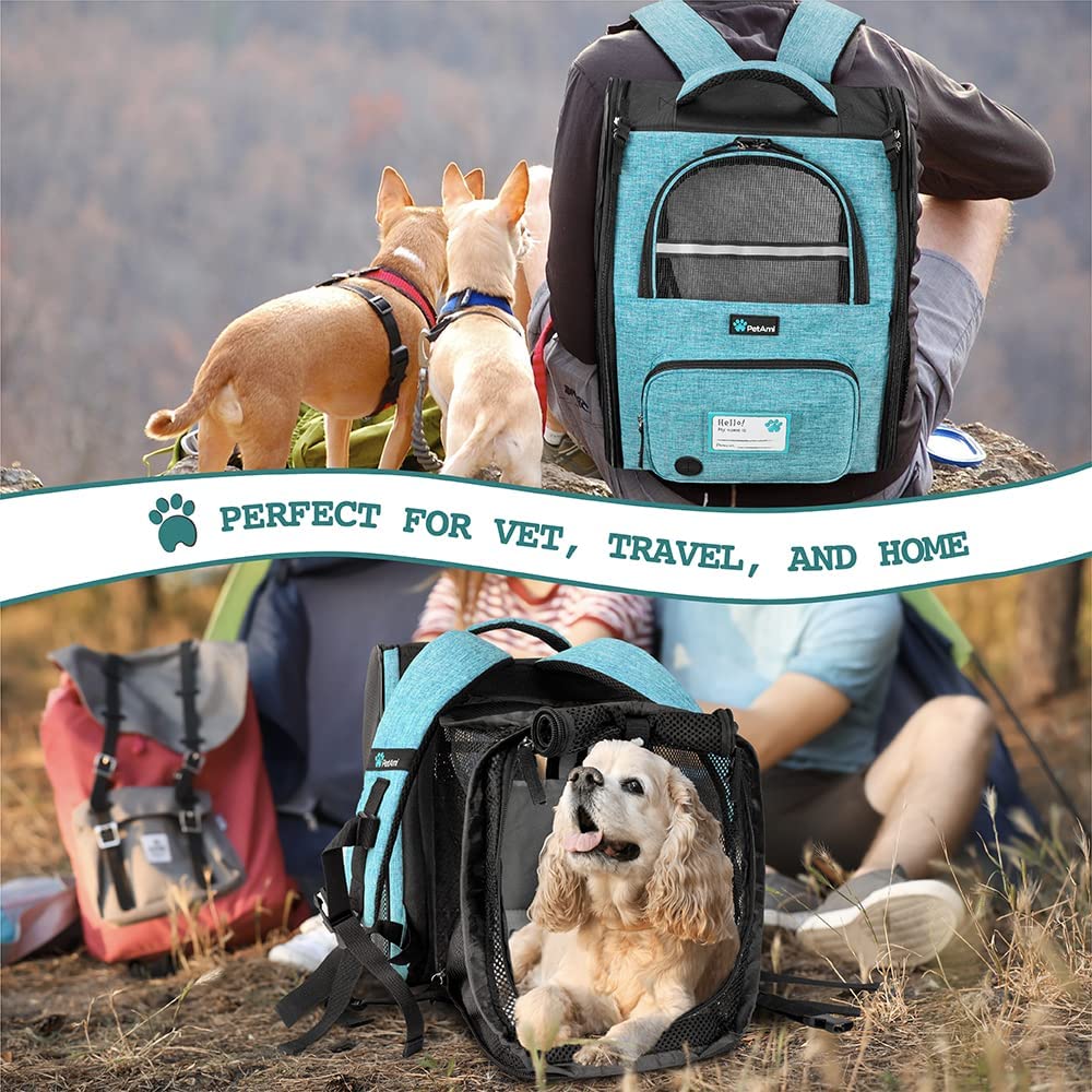Dog Cat Backpack Carrier, Expandable Pet Carrier Backpack for Travel Hiking, Small Medium Dog Puppy Large Cat Carrying Backpack, Airline Approved Ventilated Soft Back Support, 18 lbs, Teal Blue