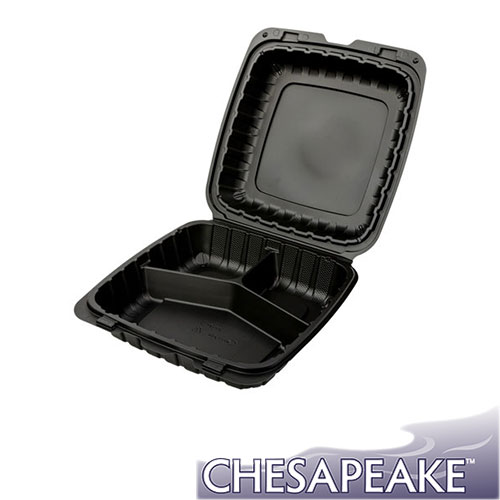Chesapeake CHPP993B 9 x 9 x 3 Black Mineral-Filled 3 Compartment Hinged Lid Takeout Container | 150