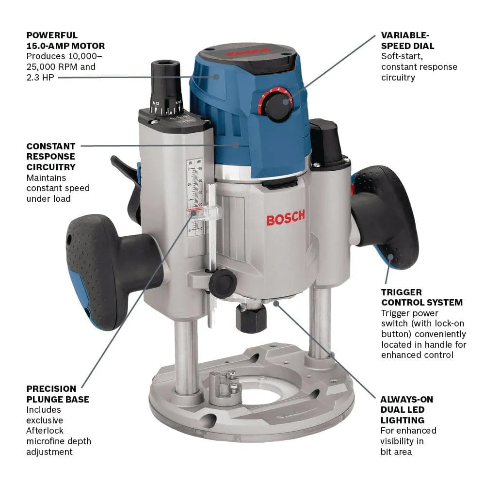 Bosch 15 Amp Corded 2.3 HP Electronic Variable-Speed 3-1/2 in. Plunge-Base Router with LED Light MRP23EVS