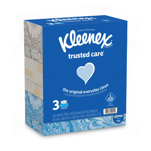 Kleenex Trusted Care Facial Tissue， 2-Ply， White， 144 Sheets/Box， 3 Boxes/Pack， 12 Packs/Carton (50219)